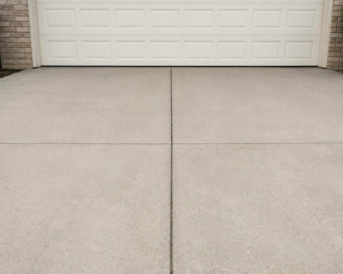 A white raised-panel garage door above a concrete driveway